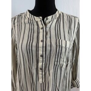Striped Mandarin Collar Roll Tab Sleeve Blouse Cream Charcoal Gray Button Up